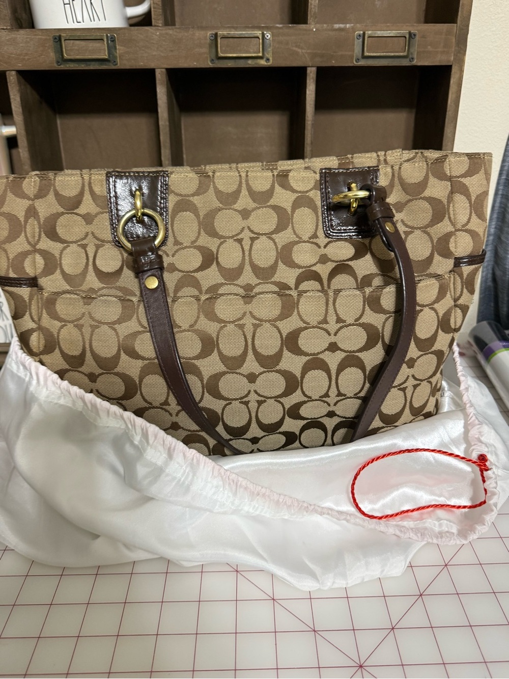 Coach Khaki and Brown Signature Canvas Tote
